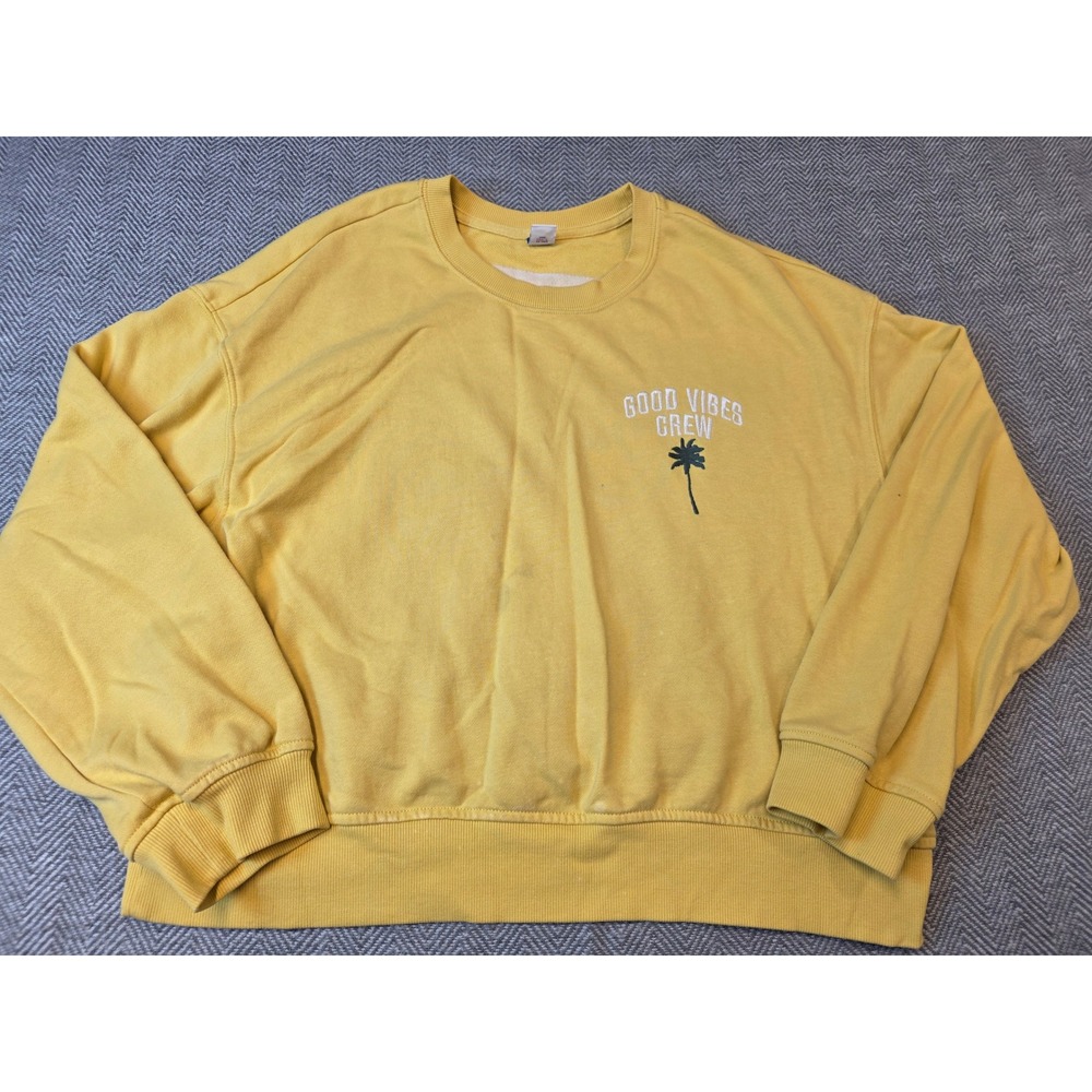 Old Navy Sweatshirt Women L Yellow Embroidered Good Vibes Crew Graphic Palm Tree